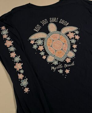 Ron Jon Surf Shop Myrtle Beach SC Floral Turtle Long Sleeve Blue T-Shirt LARGE